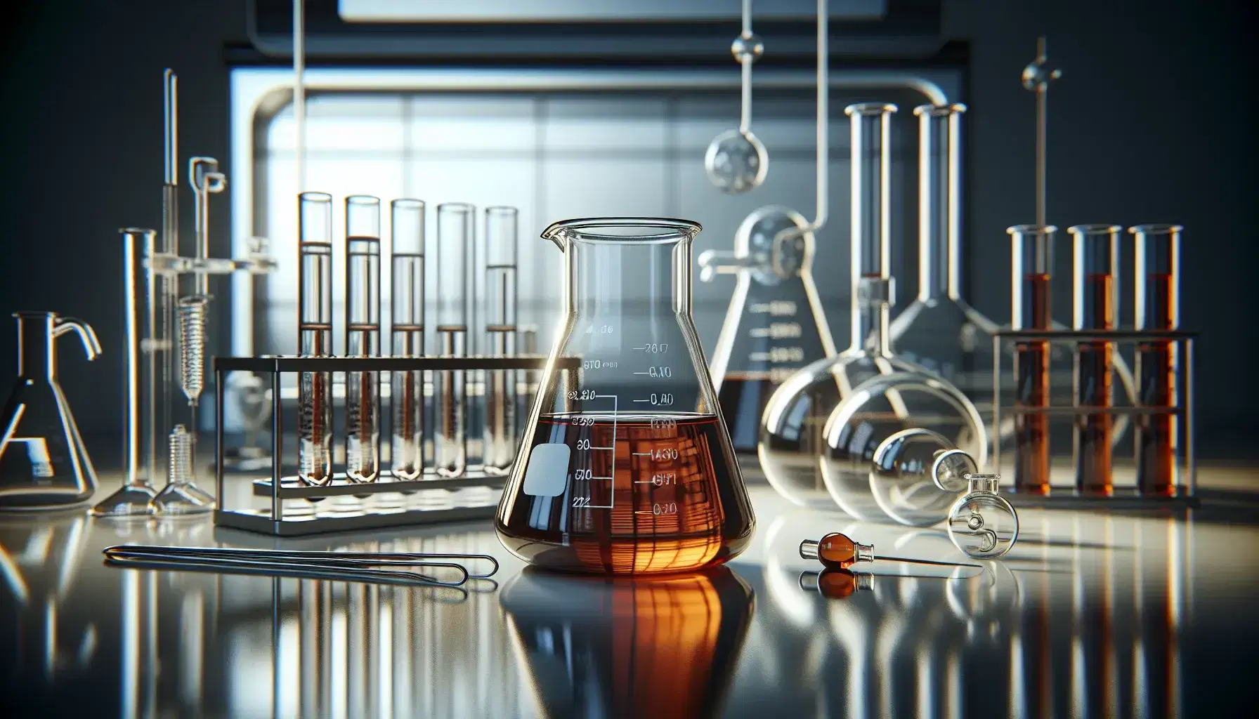 Glass beaker with amber liquid indicating fluoranthene on illuminated laboratory bench, surrounded by empty scientific glassware and metal tongs.