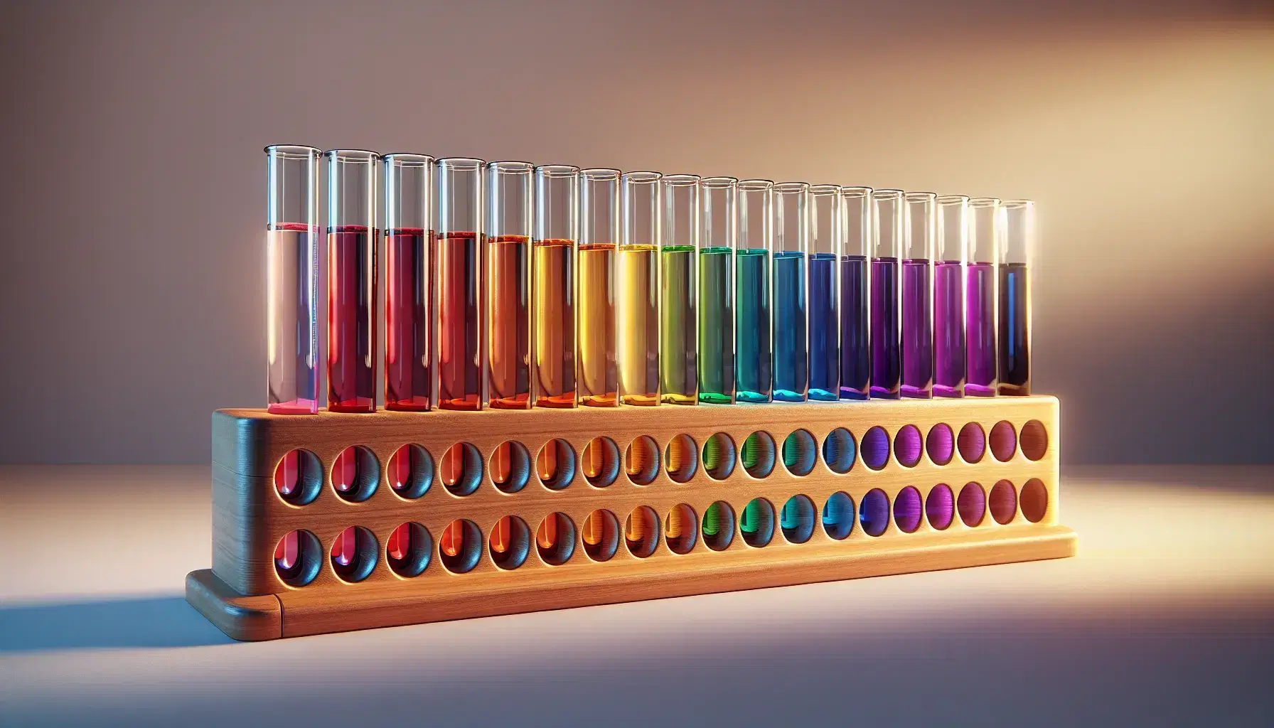 Serie di provette in vetro trasparente con soluzioni colorate dell'arcobaleno su supporto in legno, illuminazione dall'alto su sfondo bianco.