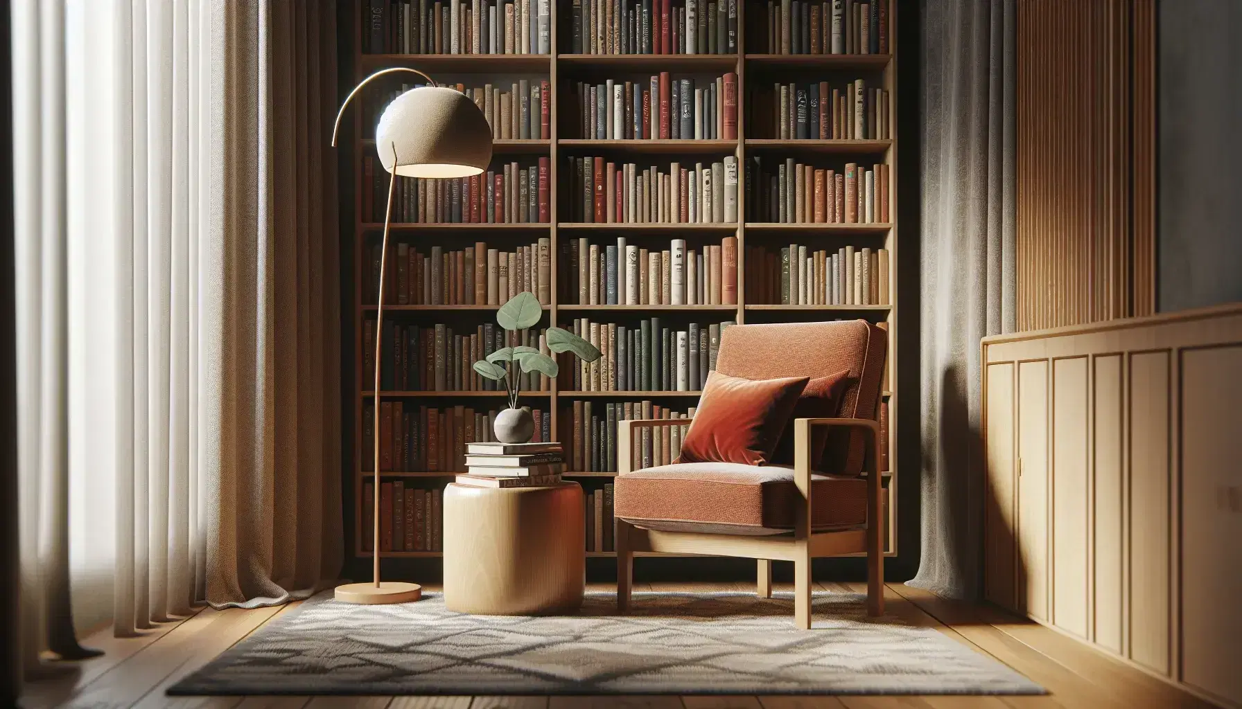 Rincón de lectura acogedor con silla de madera y cojines cálidos, mesa con lámpara y libros, estantería llena y plantas en ventana iluminada naturalmente.