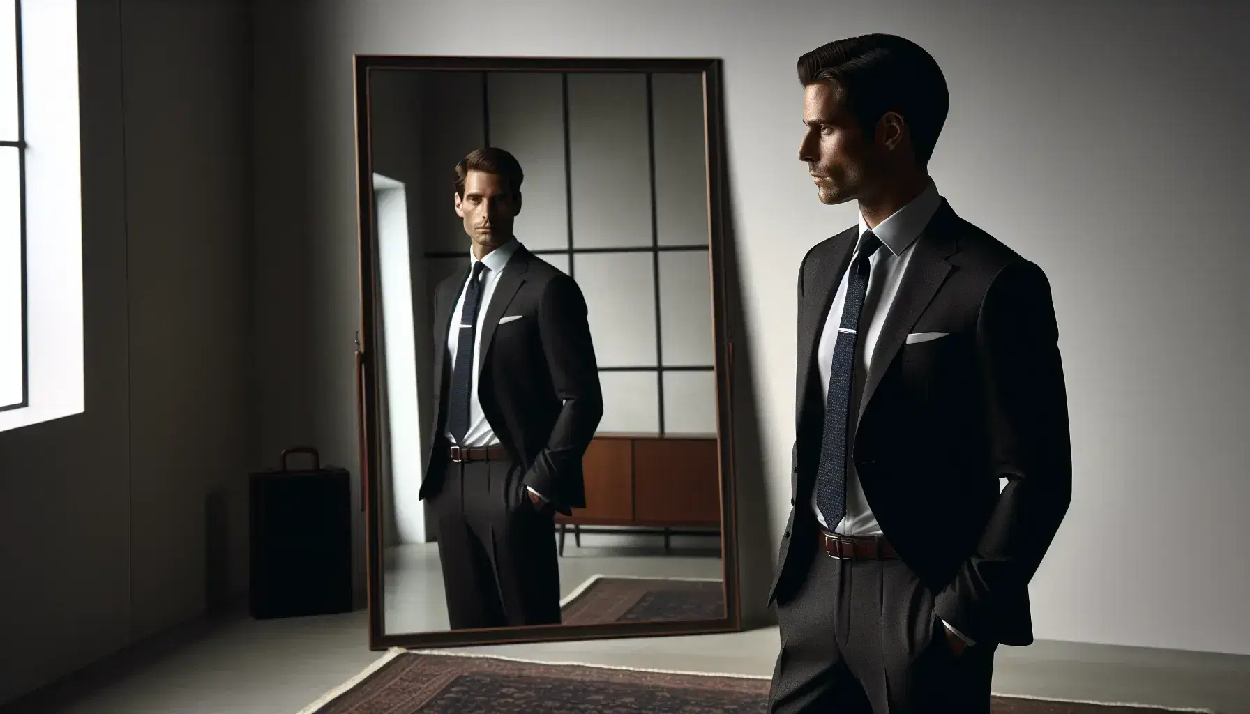 Uomo elegante in abito scuro riflette su specchio grande senza cornice in ambiente minimalista con luce soffusa.