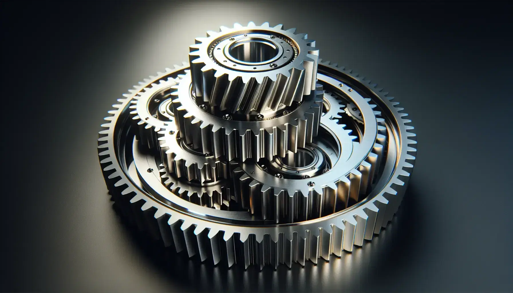 Close-up view of a central matte silver gear surrounded by smaller, rapidly rotating polished golden gears against a gradient gray background.