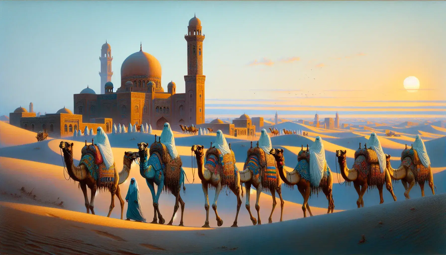 Carovana di cammelli con selle colorate guidata da figure in abiti tradizionali nel deserto al tramonto, con moschea e minareto sullo sfondo.