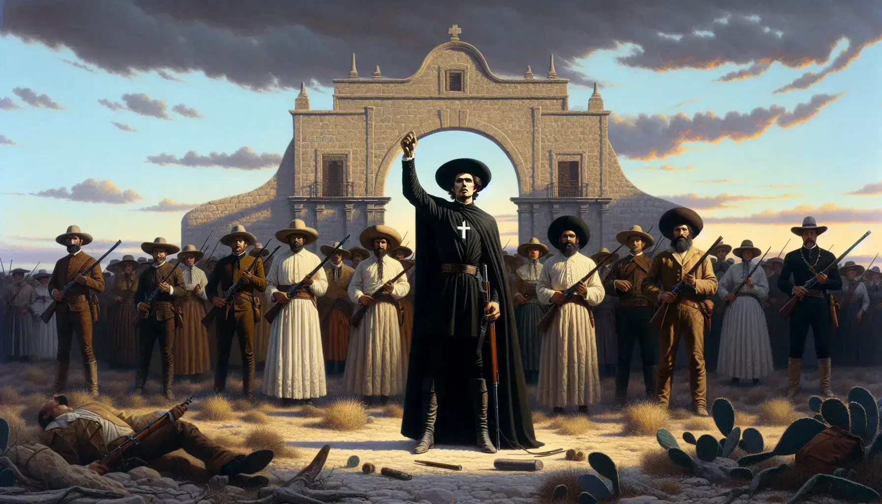 Grupo de figuras en atuendos coloniales con un líder en sotana negra, rodeado de personas armadas ante un edificio de arquitectura colonial al amanecer o atardecer.