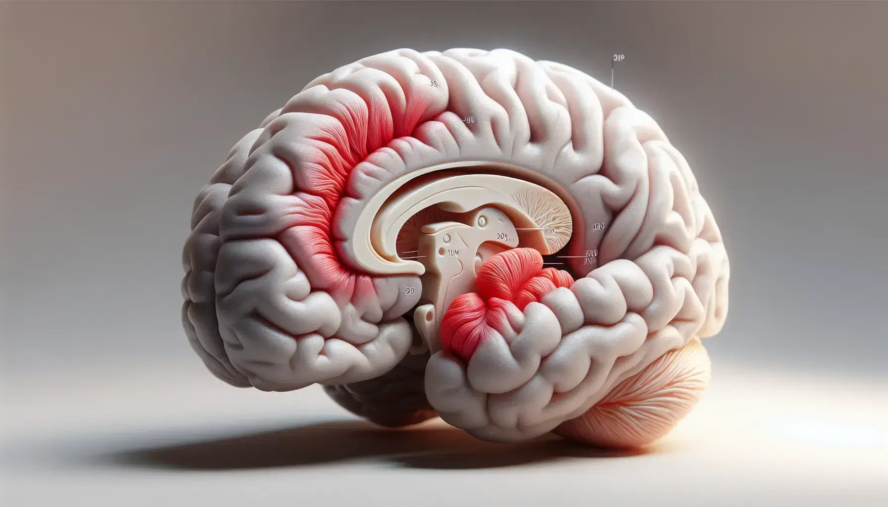 Rappresentazione 3D del cervello umano con i gangli della base evidenziati in rosso, mostrando caudato, putamen e globus pallidus.