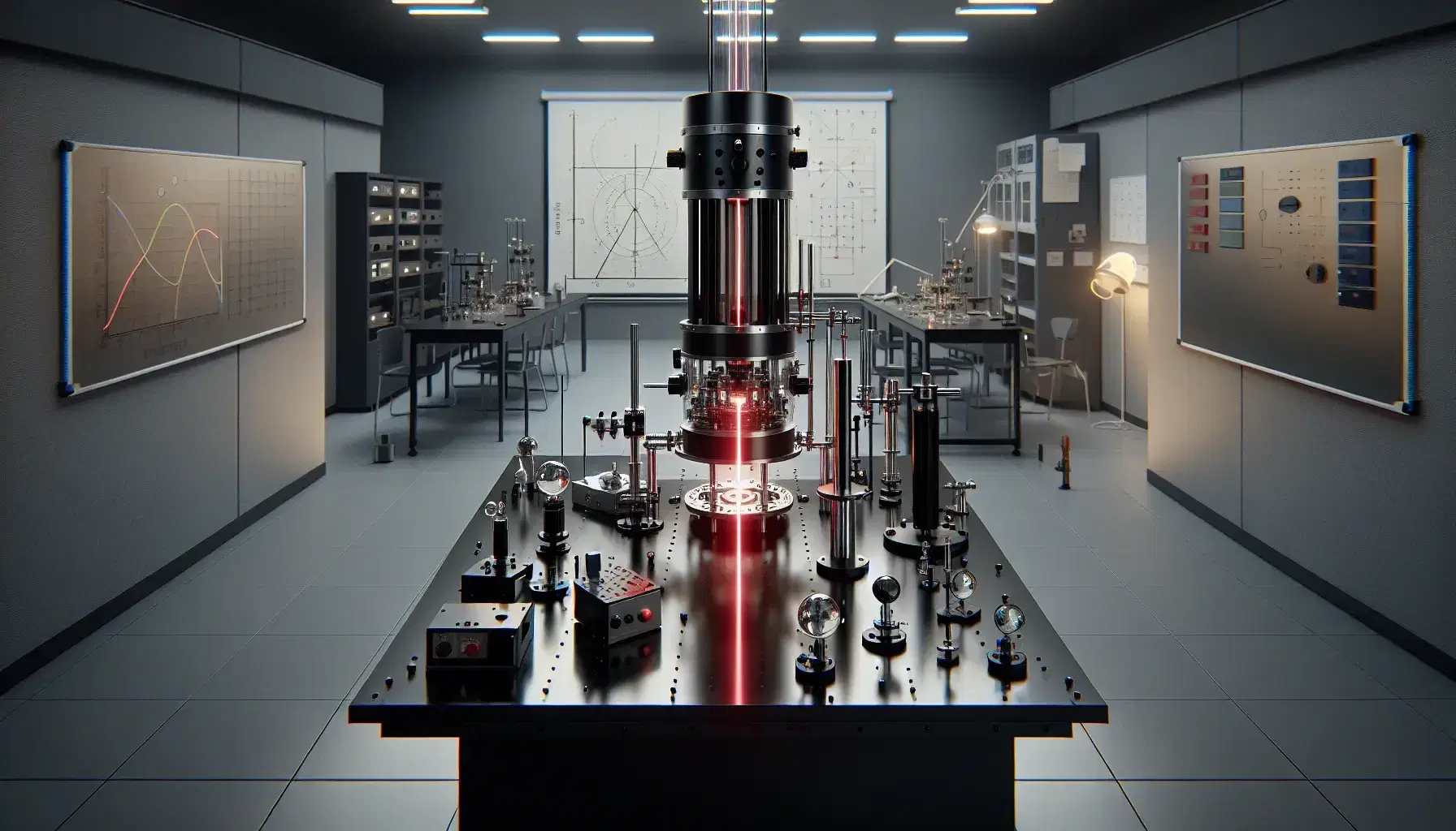 Modern physics laboratory with an optical table setup, including laser housings, mirror mounts, prisms, and a visible red laser beam path.