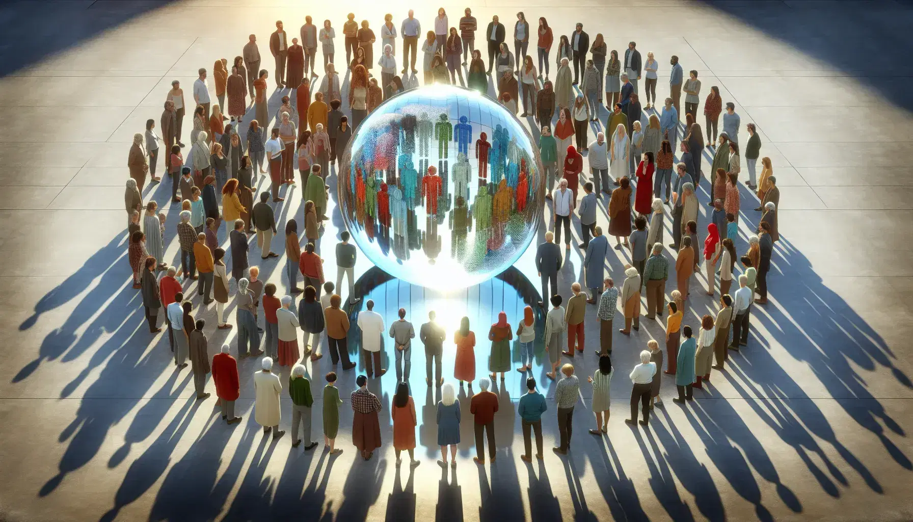 Grupo diverso de personas interactuando en círculo alrededor de una esfera transparente que refleja luz y figuras, en un espacio abierto y luminoso.