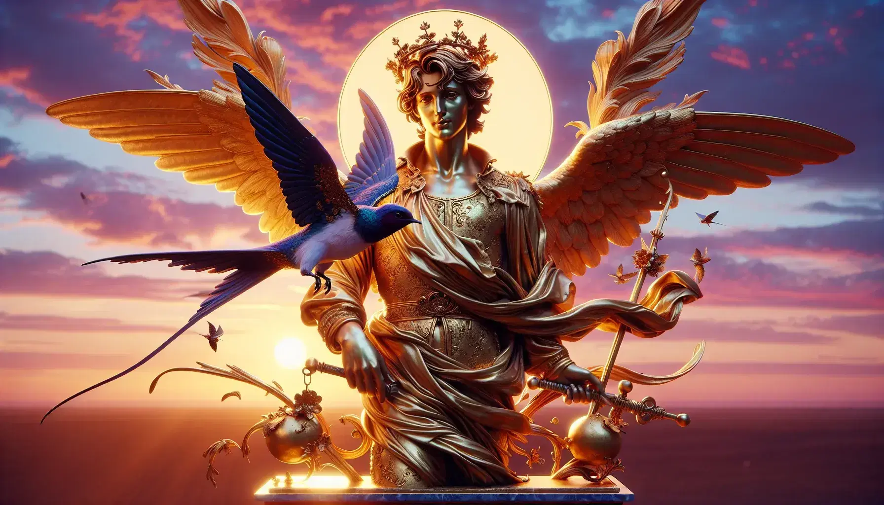 Estatua dorada de príncipe con corona y capa, espada decorativa al costado, junto a golondrina oscura en pedestal de piedra, bajo cielo crepuscular.