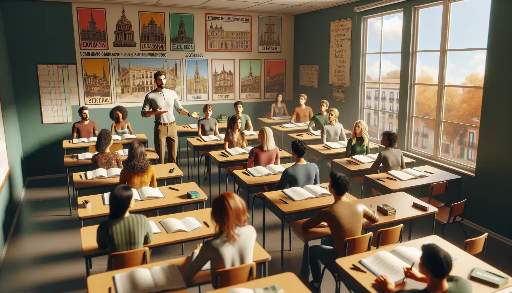 Spanish language classroom scene with a teacher instructing diverse students seated in a semi-circle, notebooks ready, under natural light by a window.