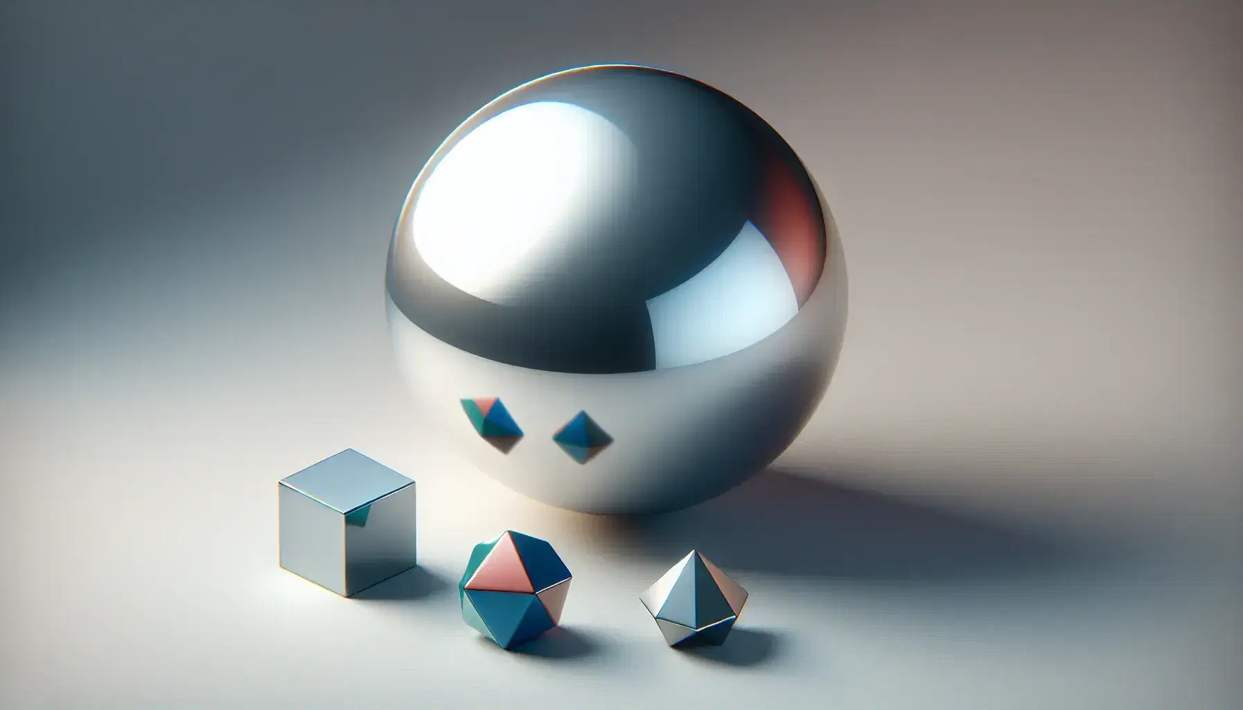 Chrome reflective sphere floating on neutral background with blue cube, red tetrahedron and green dodecahedron arranged diagonally.