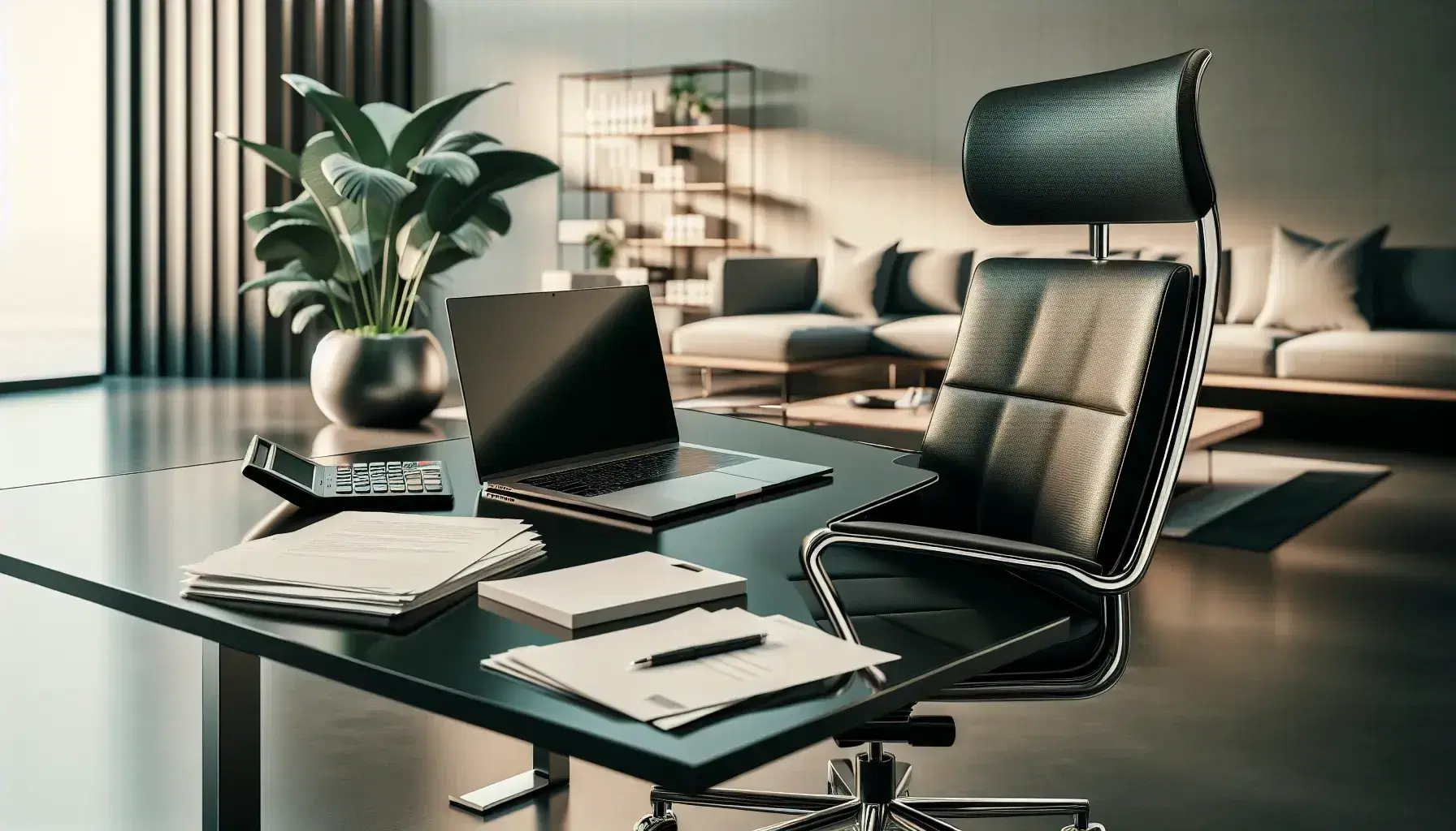 Modern office setup with a sleek glass-topped desk, high-end laptop, sophisticated calculator, stack of blank papers, and a black leather chair, under warm ambient lighting.