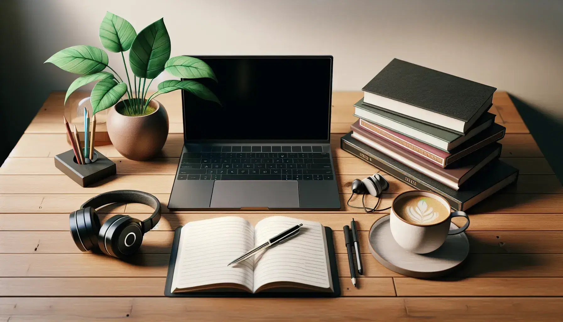 Wooden desk with open laptop, stacked books, headphones, cup of steaming coffee, green plant and notepad with pen.