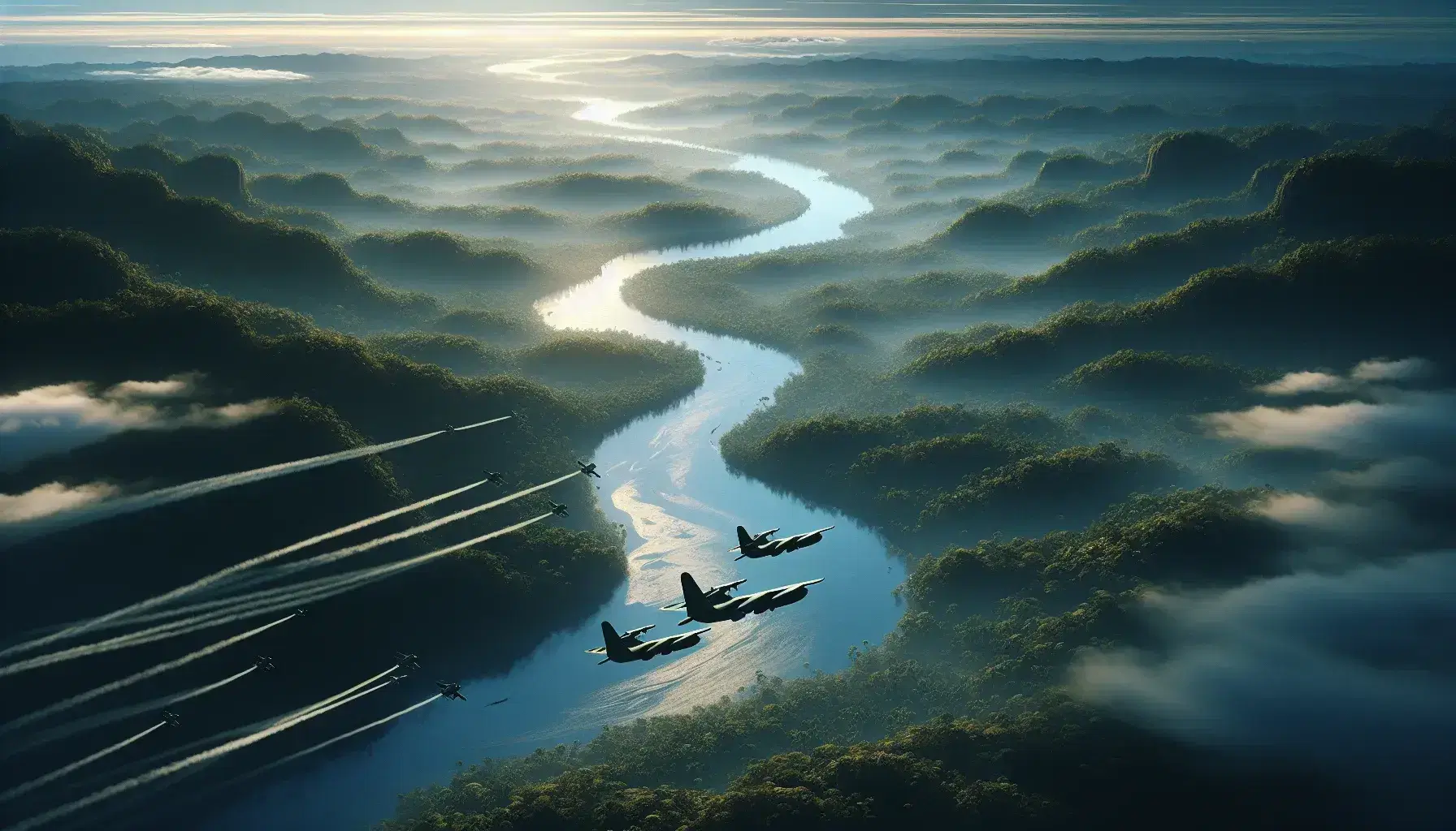 Three military jets in formation fly over a tropical forest with a winding river, their exhaust trails visible against a gradient blue sky.