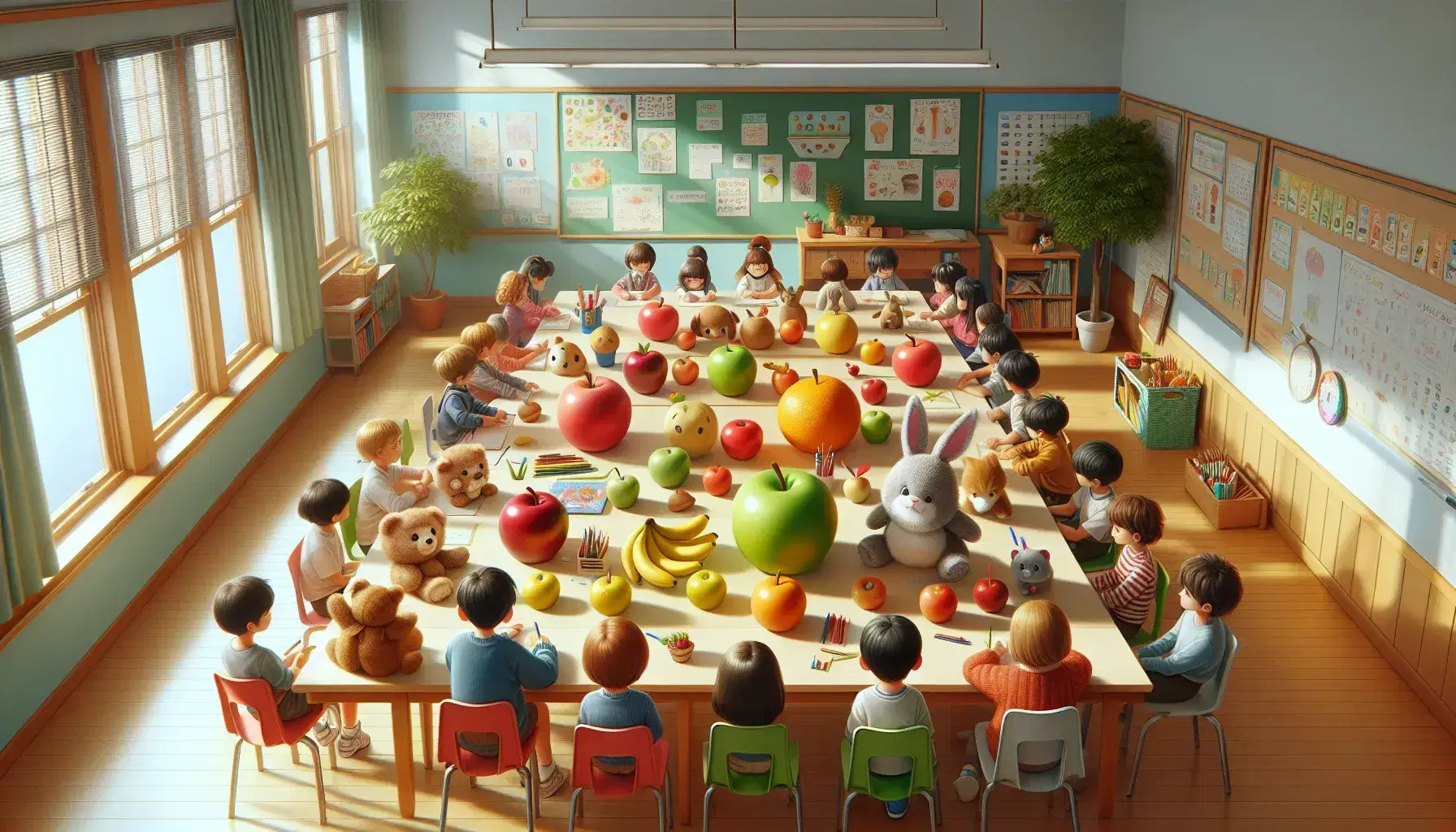 Aula scolastica con studenti seduti attorno a un tavolo in legno osservando frutta e peluche, luce naturale, pareti azzurre, cesto con pennarelli.