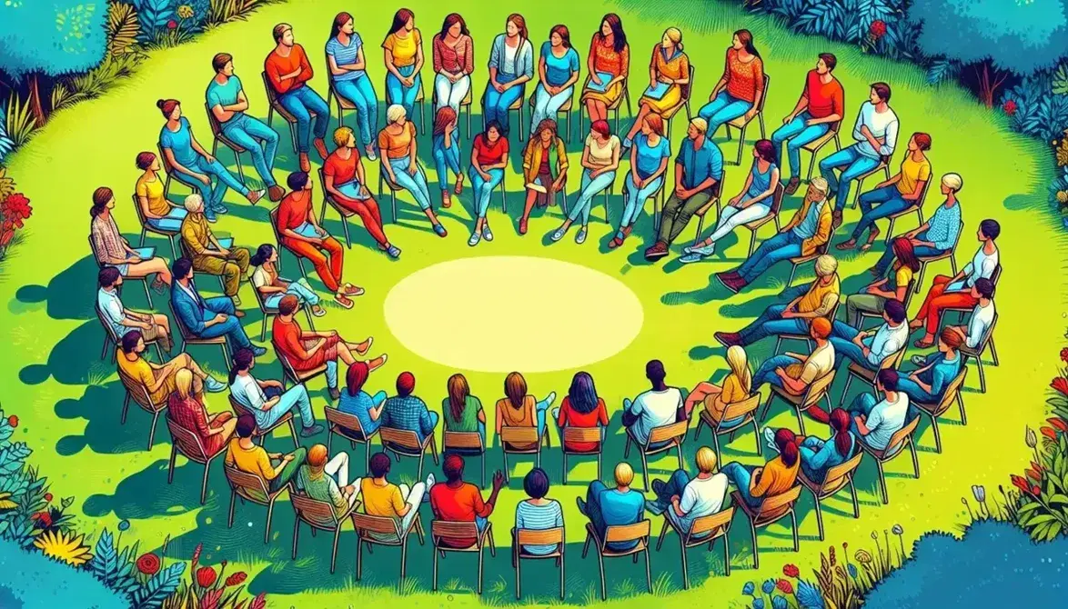 Gruppo eterogeneo seduto in cerchio su sedie in un parco, dialogando attivamente senza distrazioni elettroniche, in un'atmosfera naturale e vivace.