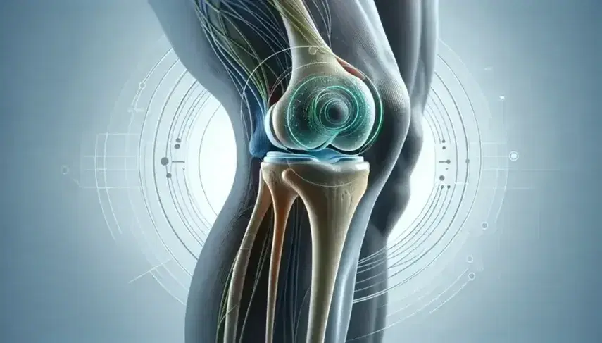 Rodilla humana ligeramente flexionada con representación estilizada de su anatomía interna en tonos azules y verdes sobre fondo blanco.