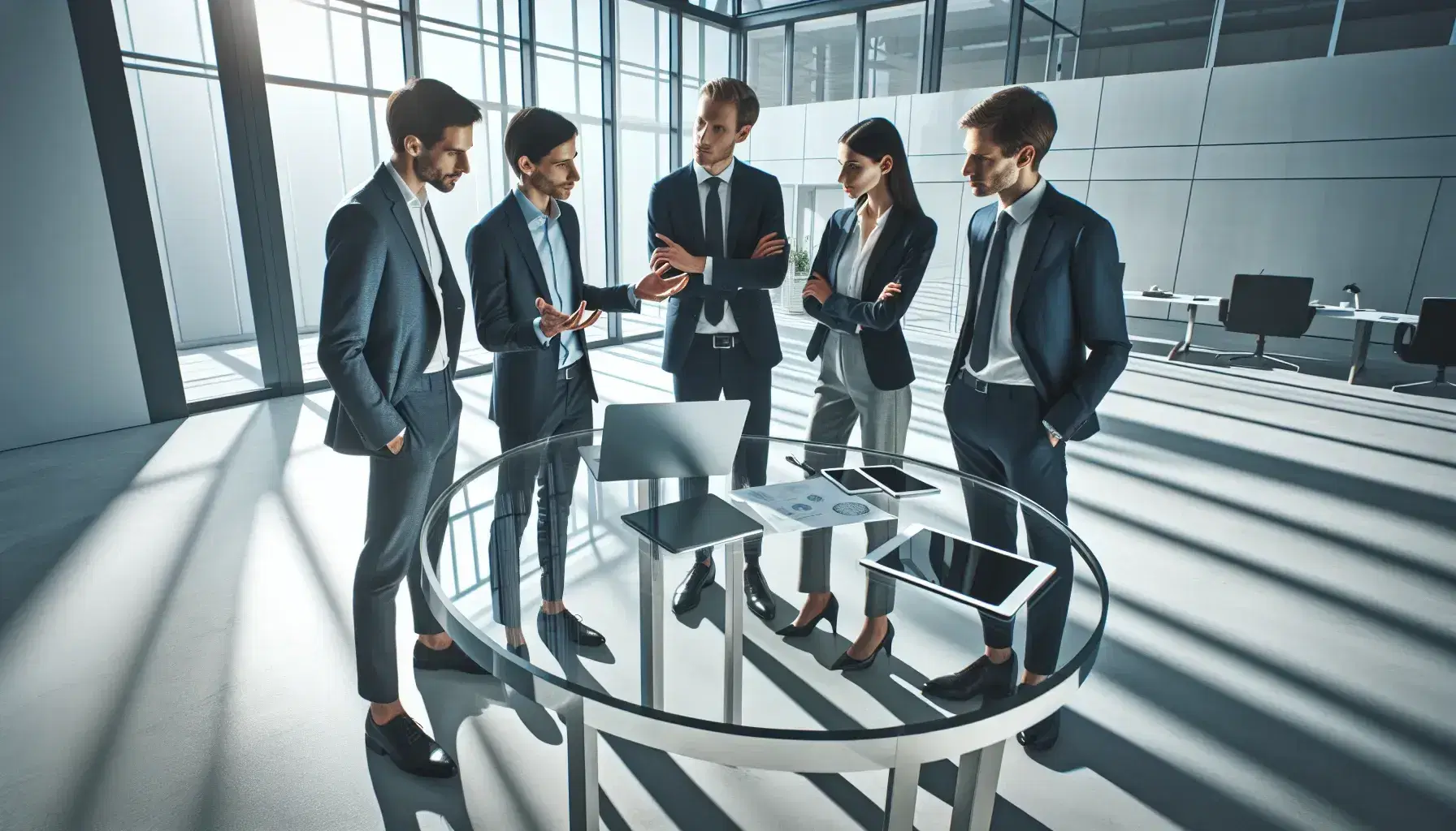 Cuatro profesionales en reunión de trabajo alrededor de una mesa de vidrio con dispositivos electrónicos en una oficina iluminada naturalmente.