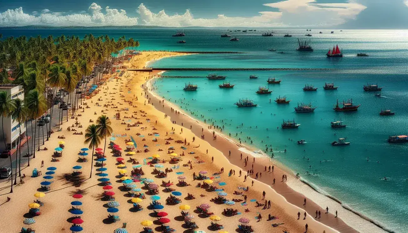 Spiaggia affollata con persone su sdraio sotto ombrelloni colorati, mare turchese, barche a vela e palme con edifici sullo sfondo.