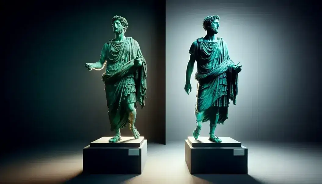 Bronzi di Riace in museo, figure maschili bronzee a grandezza naturale con dettagli muscolari e capigliature finemente cesellate, illuminate dall'alto.