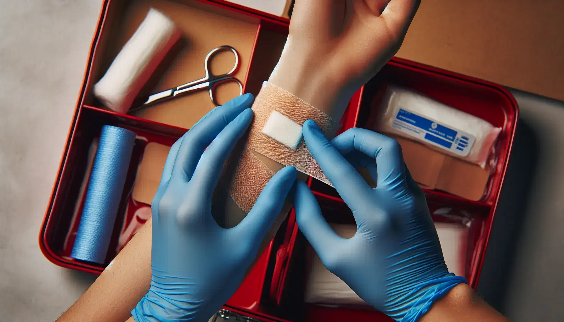 Manos con guantes de látex azules aplicando una venda blanca en el brazo de una persona, con un botiquín de primeros auxilios abierto y desenfocado al fondo.
