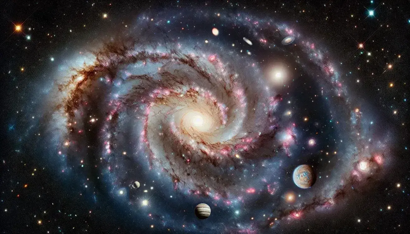 Vista panorámica del espacio con una galaxia espiral central, un fondo estrellado y una nebulosa colorida en la esquina inferior derecha, acompañada de un grupo de planetas variados en la superior izquierda.