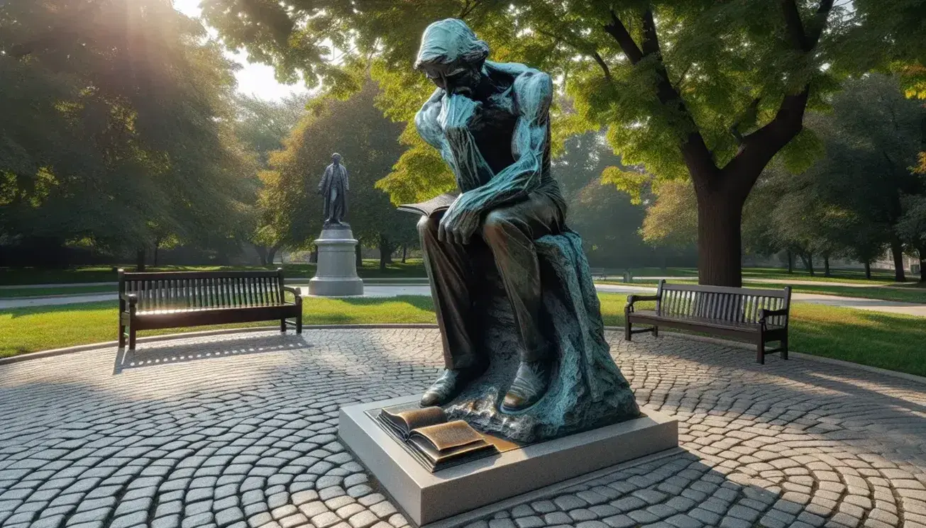 Estatua de bronce de hombre pensativo con libro, en parque con bancos y árboles bajo cielo azul.