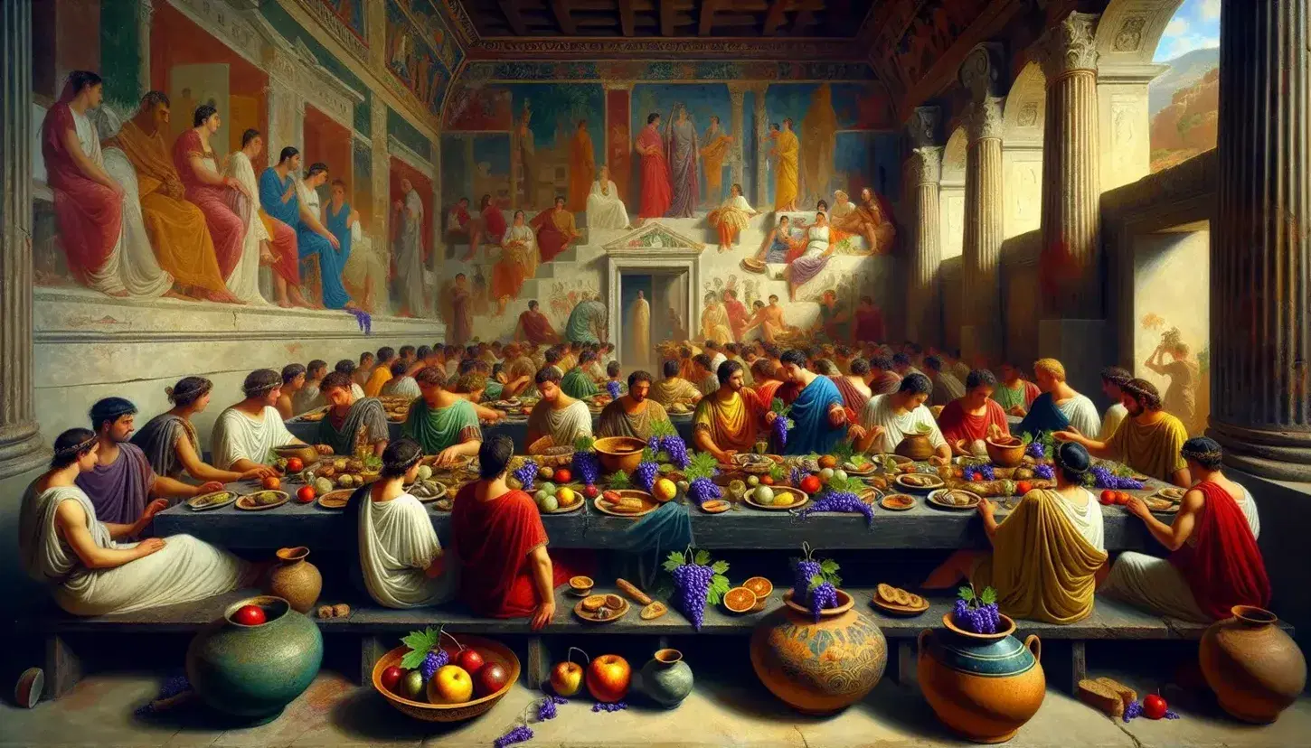 Scena di banchetto nell'antica Roma con persone in abiti colorati che si rilassano su divani, circondati da frutta, pane e stoviglie su un tavolo in legno.