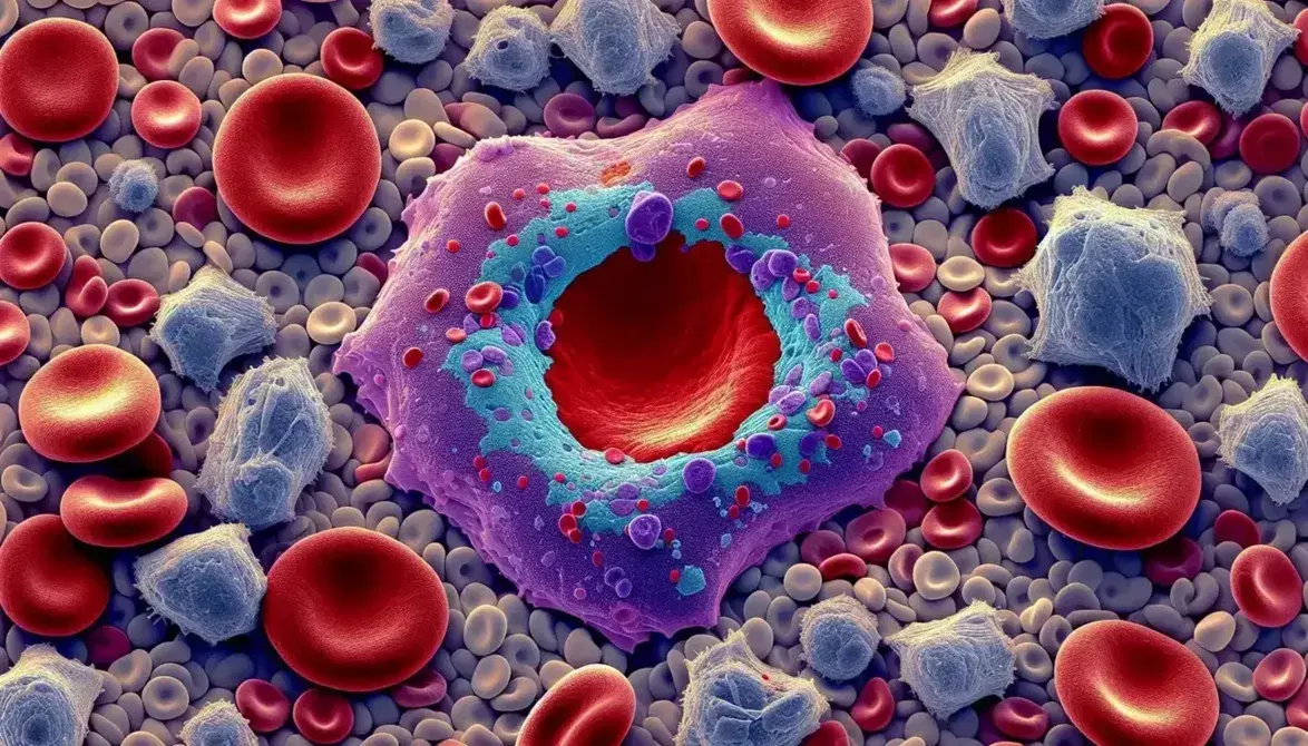 Micrografía electrónica de células sanguíneas con tinción artificial mostrando un glóbulo rojo central, un leucocito azul y plaquetas en tonos grises y morados.