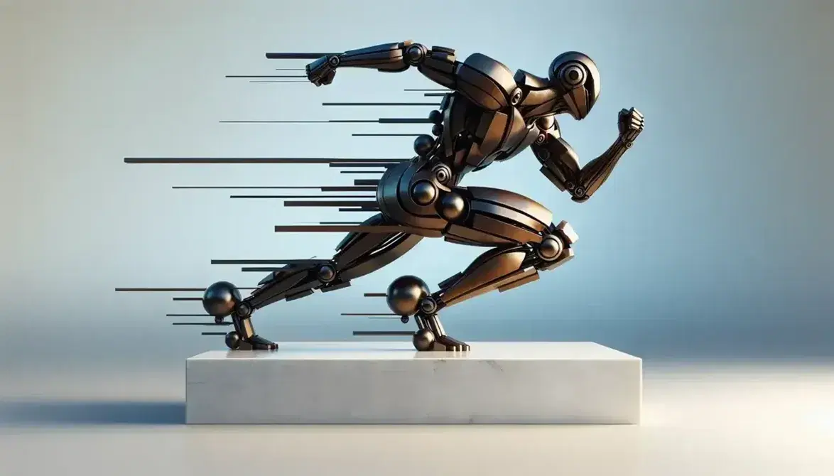 Scultura futuristica in bronzo di uomo meccanico in movimento su piedistallo di marmo bianco, con cielo azzurro sullo sfondo.