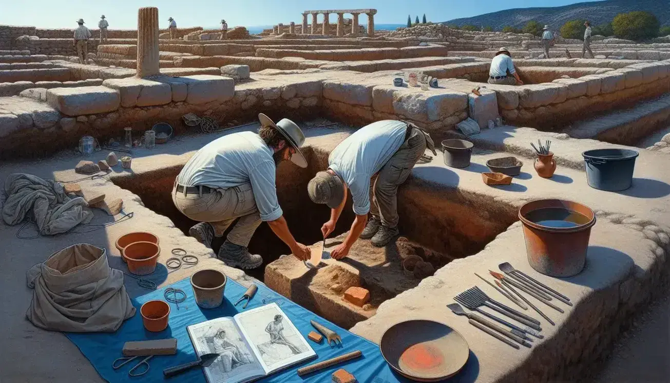 Scavo archeologico in corso con archeologo che scava delicatamente un frammento ceramico e collega che prende appunti, sullo sfondo rovine antiche.