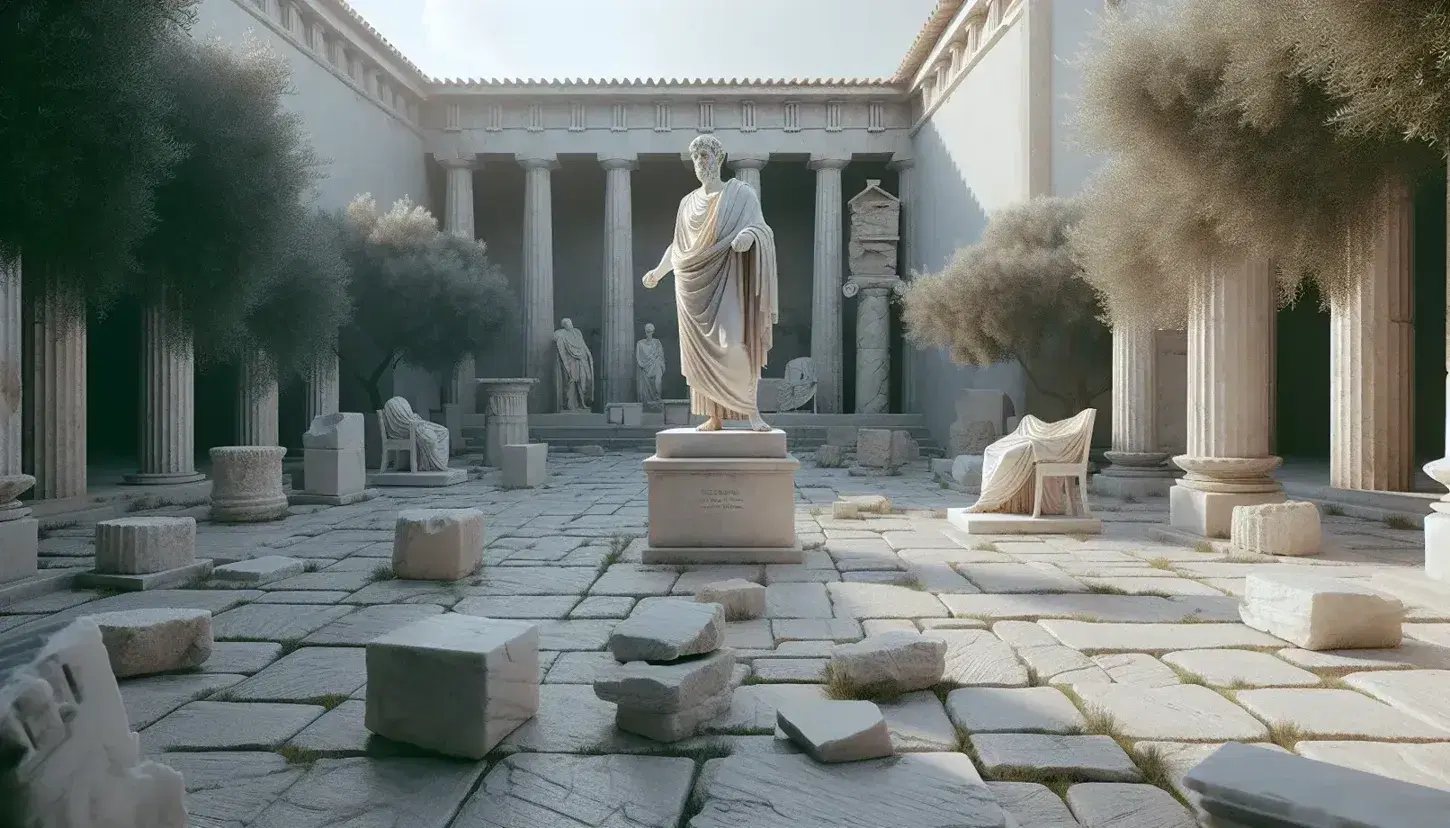Statua marmorea di filosofo greco nell'agora antica con colonne doriche, rovine e ulivi sotto cielo azzurro.