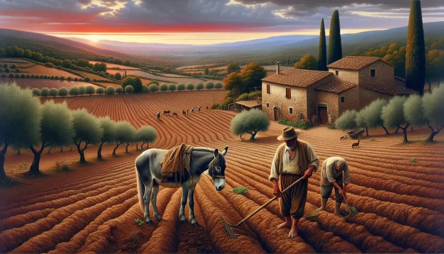 Contadino anziano lavora la terra con una zappa al tramonto, accanto a un mulo grigio, in un paesaggio rurale del Sud Italia con colline e ulivi.