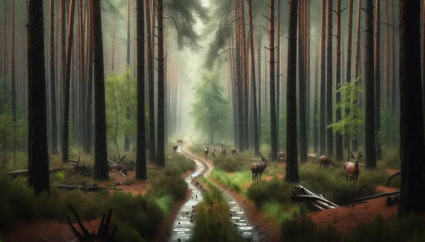 Sentiero umido serpeggia in una foresta di pini sotto una pioggia leggera, con cervi al riparo e gocce che creano cerchi nell'acqua.