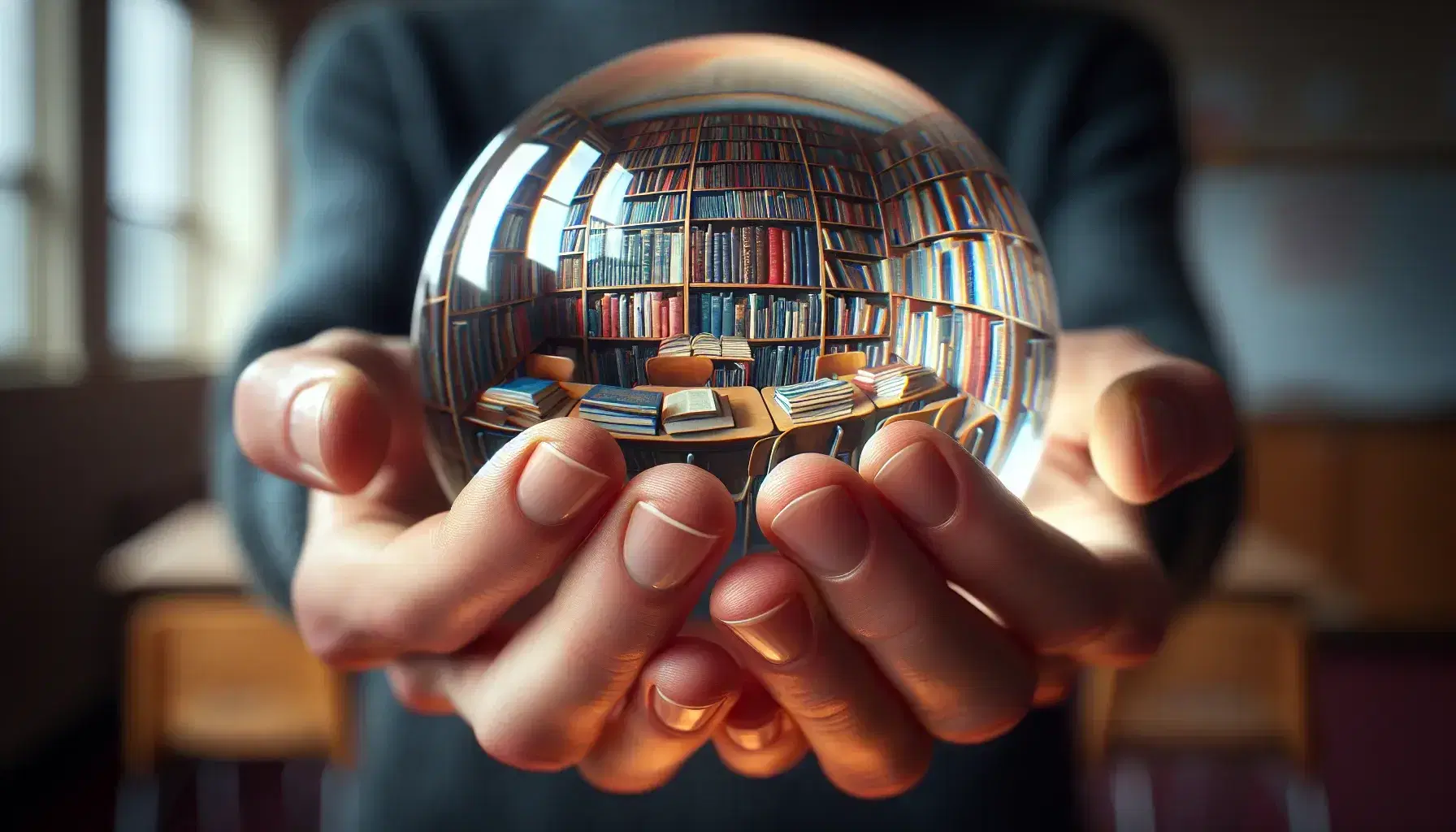 Adult hands holding a clear glass sphere with a distorted view of a colorful bookshelf in the background, light creating prismatic effects on skin.