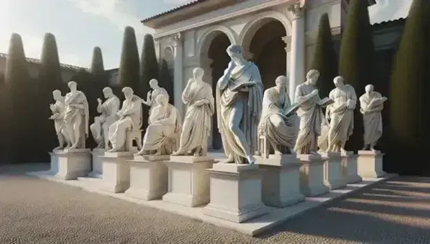 Estatuas de mármol blanco en poses pensativas y de debate en un patio renacentista con columnas clásicas, suelo empedrado y vegetación cuidada bajo cielo azul.