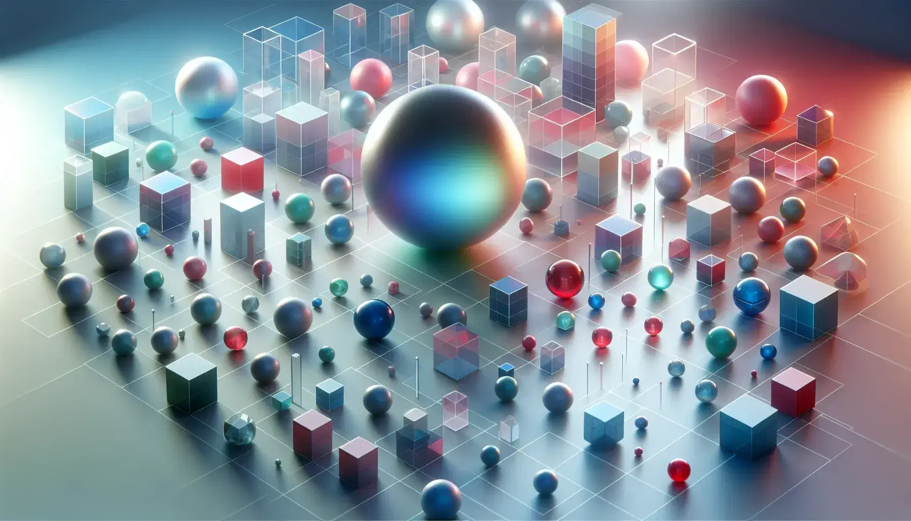 Three-dimensional array of semi-transparent geometric shapes with reflective blue spheres, red cubes, and green cones against a gradient gray background.