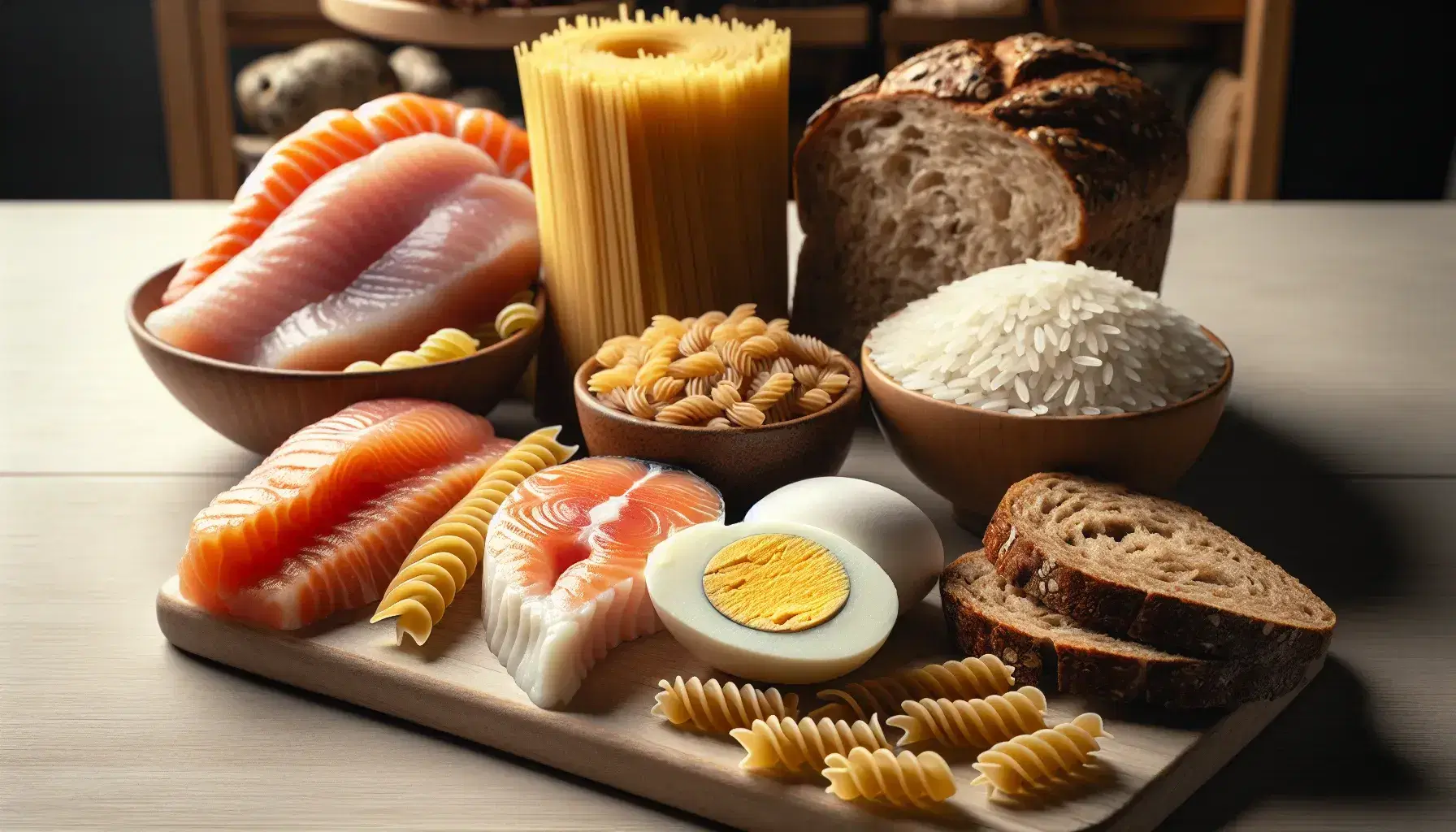 Varietà di alimenti su piano di legno chiaro con pasta integrale a spirale, chicchi di riso bianco, pane integrale, petto di pollo, filetto di salmone e uovo sodo.