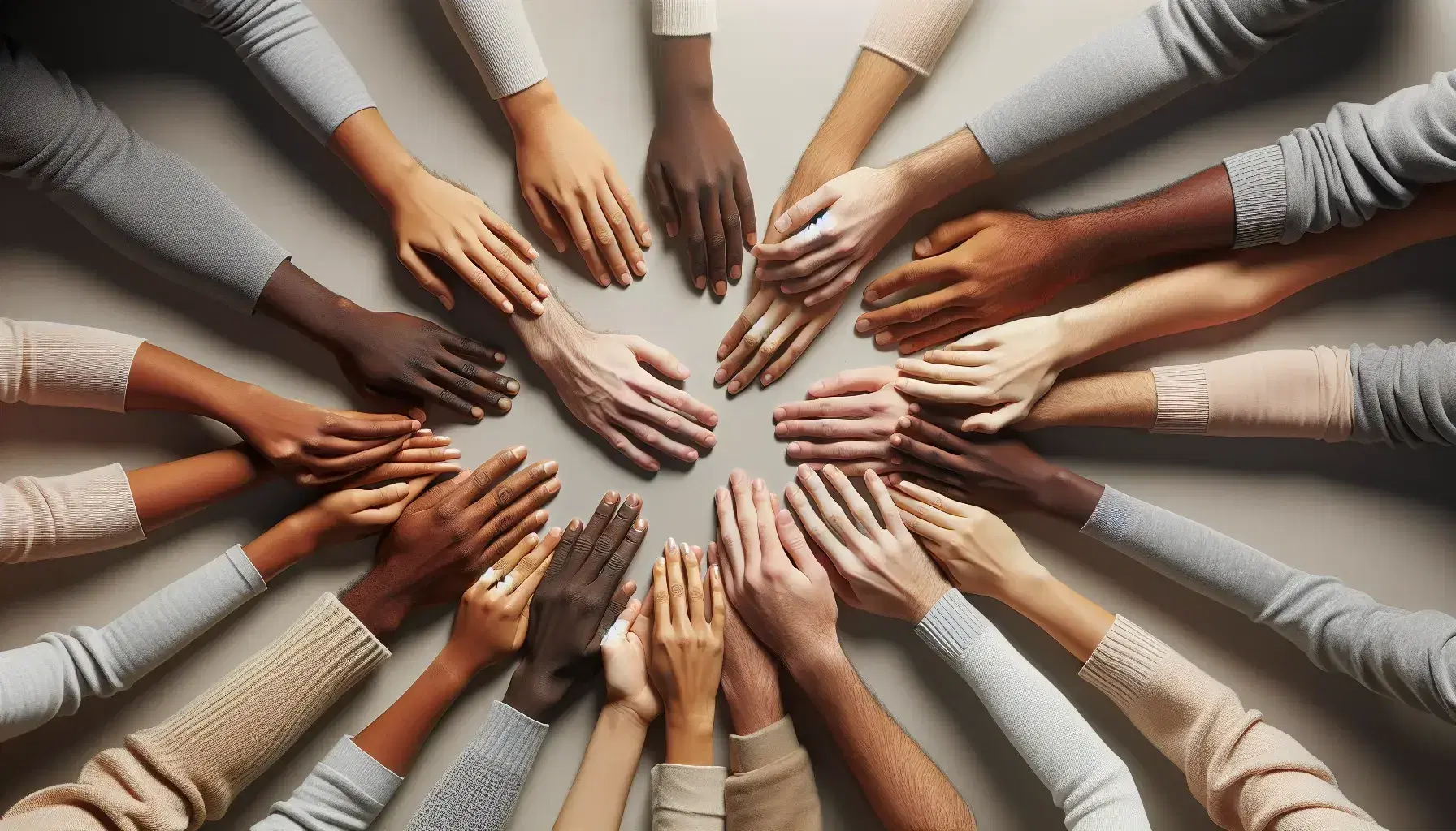 Manos de diversas etnias y edades formando un círculo en fondo neutro, simbolizando unidad y diversidad, sin joyas ni elementos distractores.