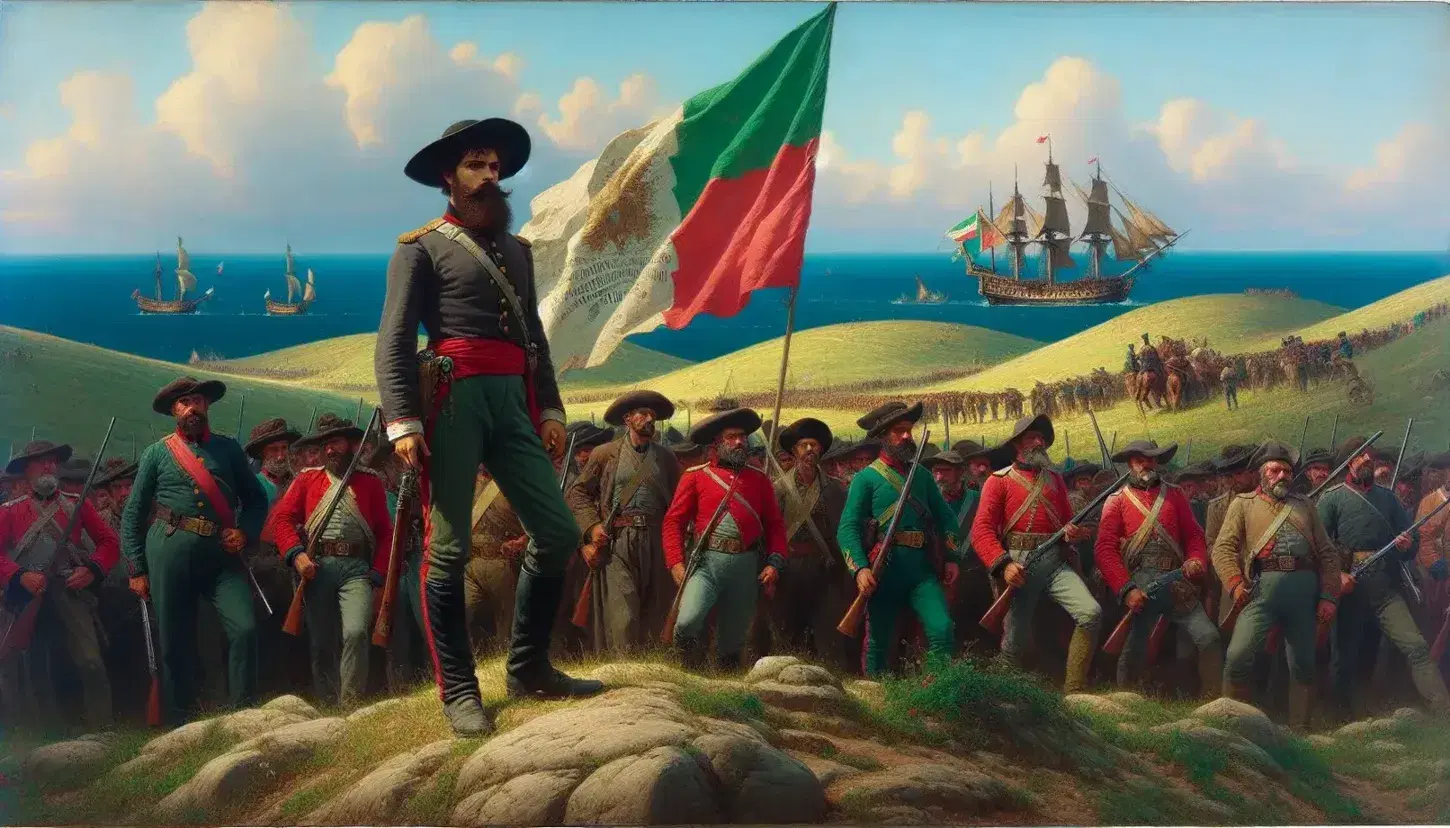 Rievocazione storica dei Garibaldini in uniforme con bandiera italiana su sfondo di colline e vele al vento.