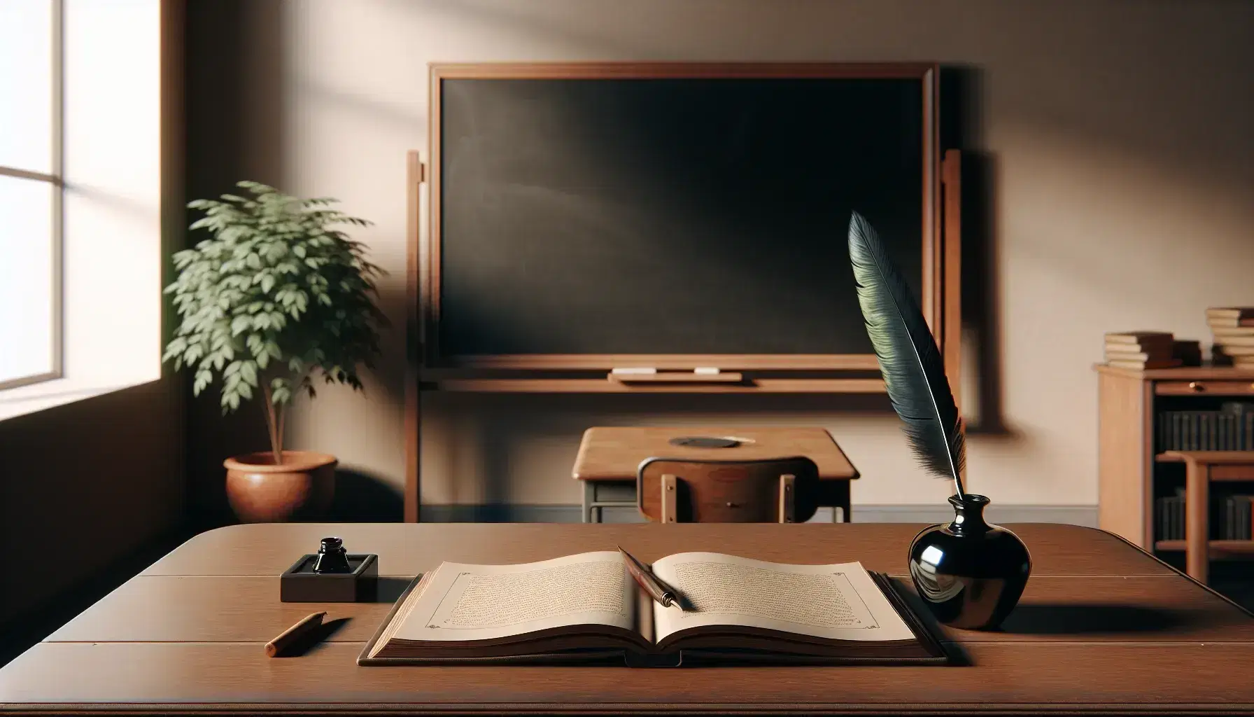 Quiet French language classroom with an open textbook on a polished wooden desk, a blue-green feather quill in an inkwell, and a chalkboard in the background.