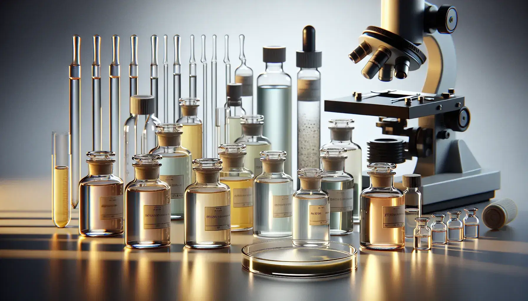Frascos de vidrio con tapones de goma y etiquetas blancas conteniendo líquidos de tonalidades amarillas a ámbar, pipetas de vidrio y microscopio metálico con plato de Petri en laboratorio.