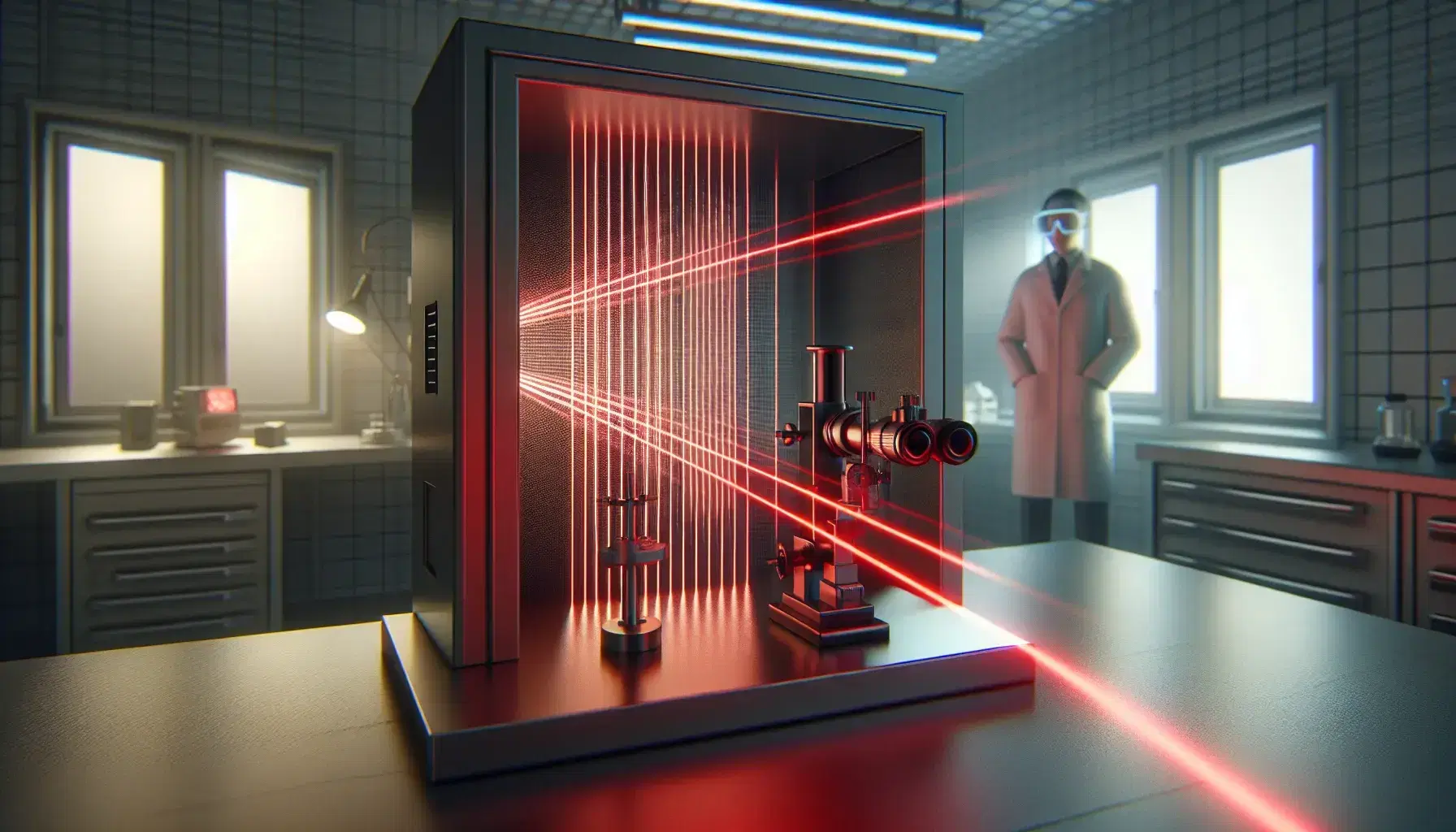 Double-slit experiment in a lab with a red laser creating an interference pattern on a screen, observed by a scientist in safety gear.