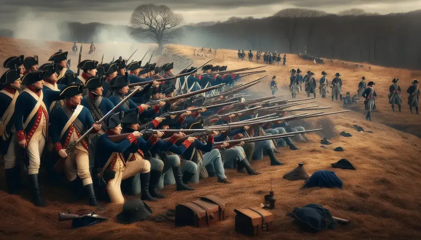 Rievocazione storica della Battaglia di Bunker Hill con attori in uniformi del XVIII secolo, schierati in formazione di combattimento su un colle erboso.