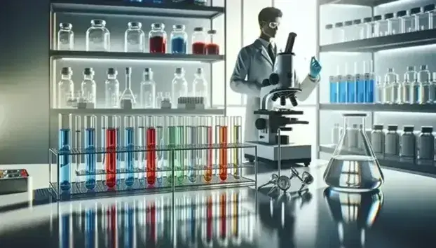 Laboratorio científico con tubos de ensayo de colores en soporte metálico, microscopio avanzado y científico ajustando mechero Bunsen.