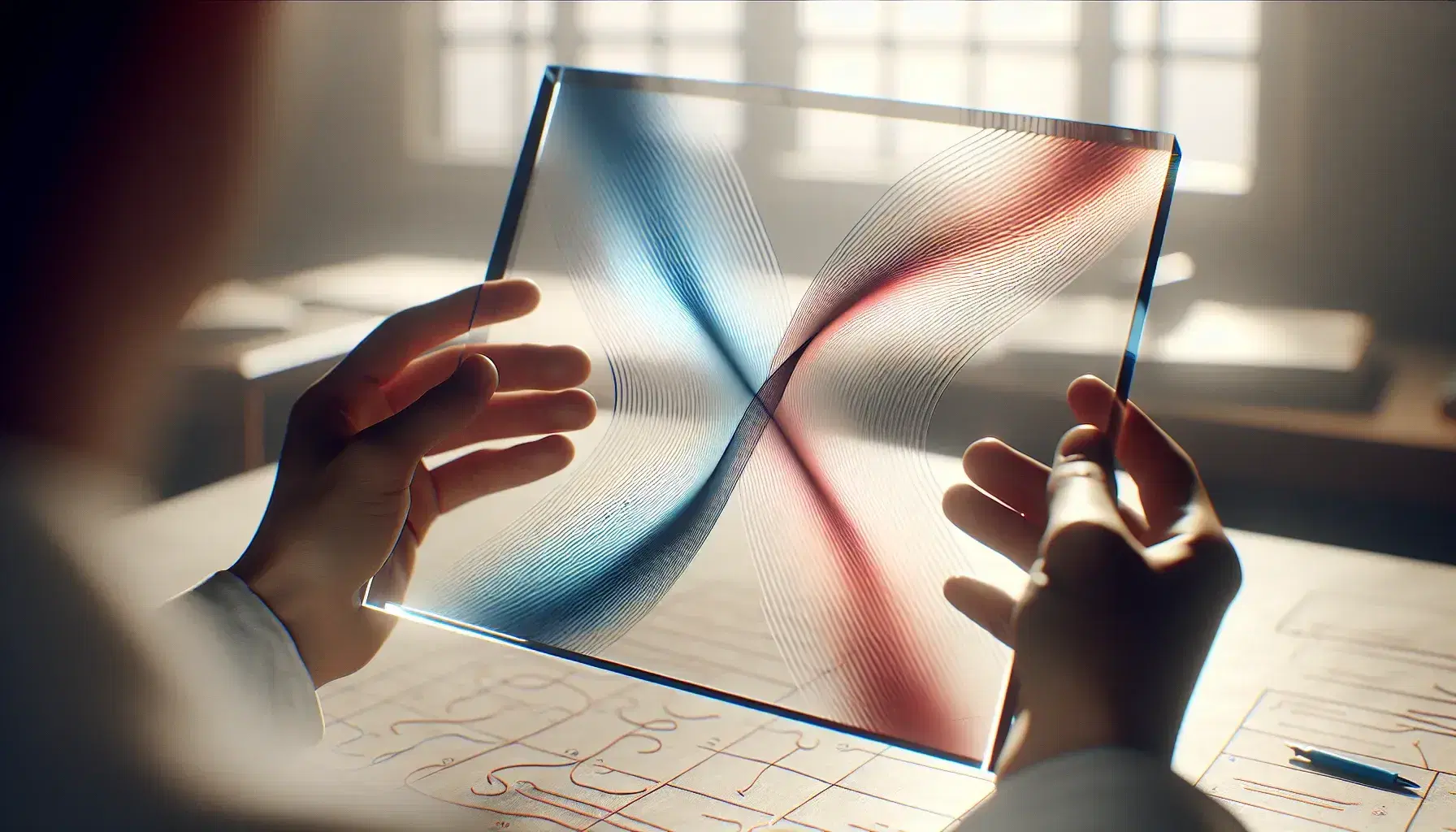 Hands holding a transparent glass board with intertwined blue and red lines, suggesting a creative or scientific concept in a softly lit environment.
