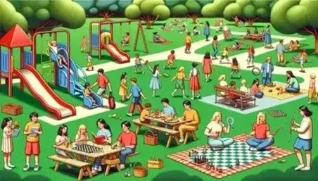 Grupo diverso disfrutando de un parque soleado con niños en columpios coloridos, adultos en mantas, picnic familiar y juego de ajedrez al aire libre.