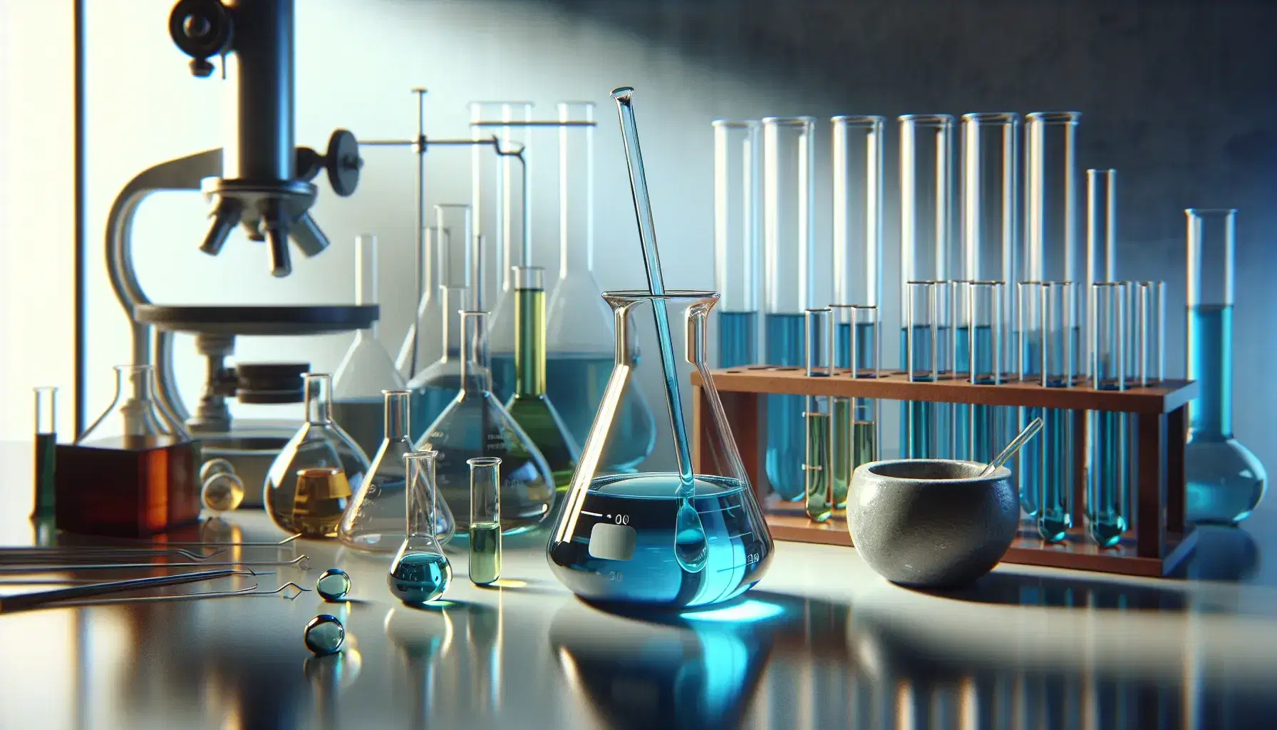 Laboratory with central beaker containing bright blue liquid, test tubes with colored liquids, flask with rod and mortar with pestle.