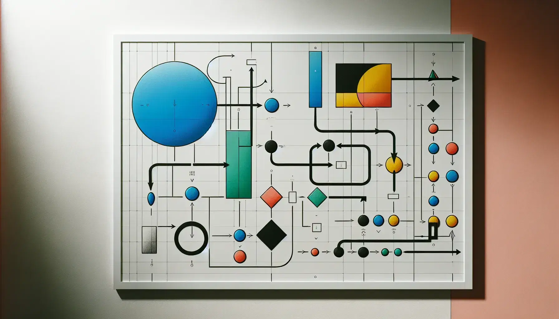 Diagrama de flujo colorido en pizarra con formas geométricas conectadas por flechas, incluyendo círculo azul, rectángulos verde y naranja, diamante amarillo y óvalo rojo.