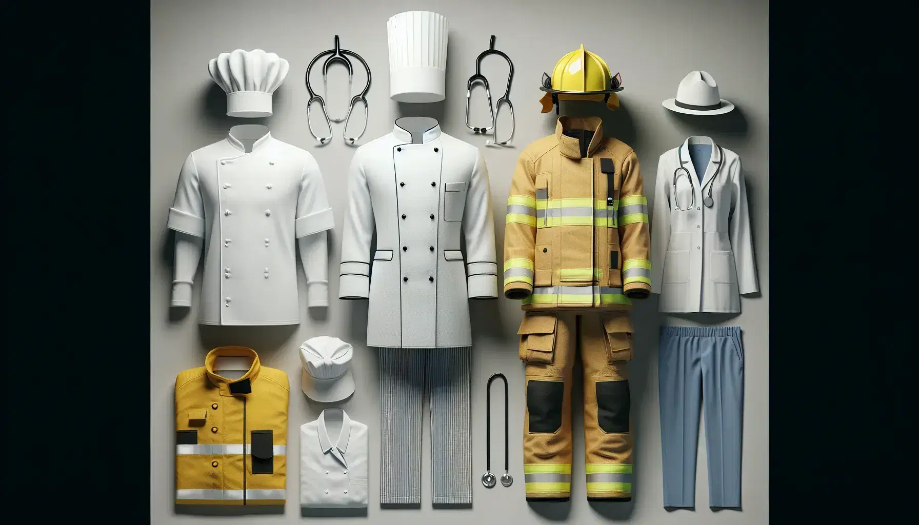 Professional uniforms for chef, firefighter, and doctor displayed on a light gray background, including a chef's hat, firefighter's helmet, and stethoscope.
