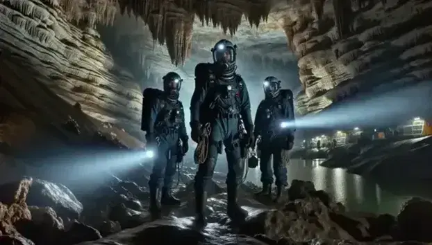 Tre esploratori in tuta protettiva con caschi e lampade frontali avanzano in una vasta grotta sotterranea con formazioni di stalattiti e stalagmiti.