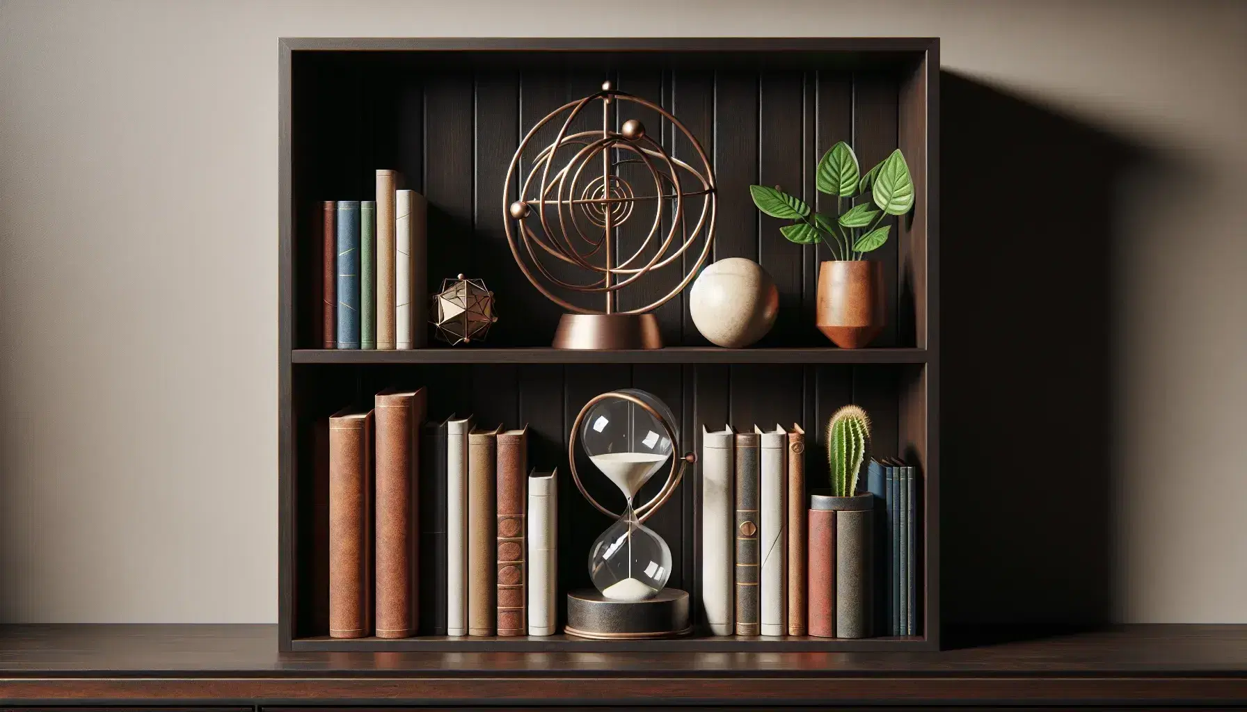 Estante de madera con esfera armilar metálica, reloj de arena, figuras geométricas de mármol, planta con flores amarillas y libros variados.